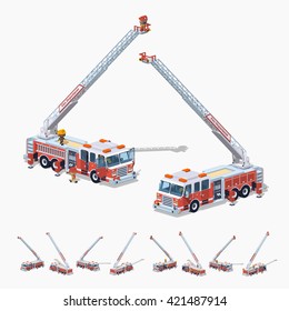 Fire truck. 3D lowpoly isometric vector illustration. The set of objects isolated against the white background and shown from different sides