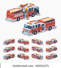 Fire truck. 3D lowpoly isometric vector illustration. The set of objects isolated against the white background and shown from different sides