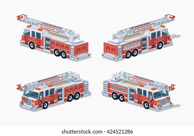 Fire truck. 3D lowpoly isometric vector illustration. The set of objects isolated against the white background and shown from different sides