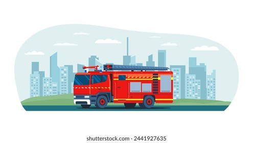 Camión de bomberos con el paisaje de fondo de la ciudad. Ilustración de estilo plano vectorial.