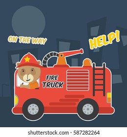 fire truck with bear as fireman ready to rescue the city