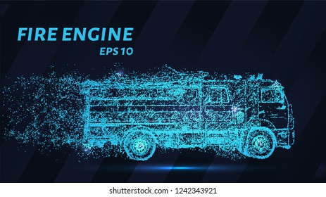 Fire truck of blue glowing dots. A fire truck is made up of particles. Vector illustration