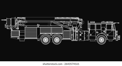 Fire truck blueprint on black background, featuring a detailed vector illustration with headlights, grille, and wheels. The design highlights the vehicle's structure and essential components.