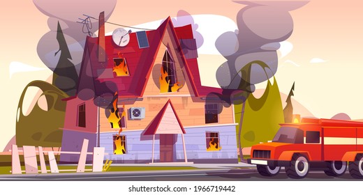 Fire truck at burning house, suburban cottage in flame with long tongues. Dangerous accident at home, firefighters vehicle near blazing countryside building or dwelling, Cartoon vector illustration