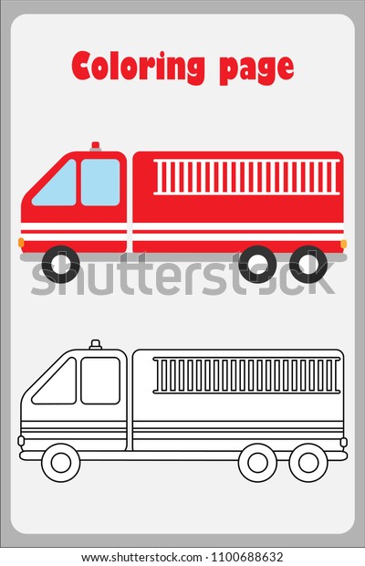 Fire truck in cartoon\
style, coloring page, education paper game for the development of\
children, kids preschool activity, printable worksheet, vector\
illustration