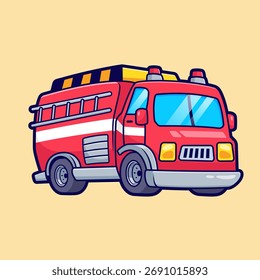 Fire Truck Cartoon Vector Icon Illustration. Profession Transportation Icon Concept Isolated Premium Vector. Flat Cartoon Style