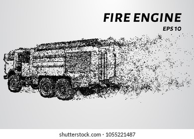 Fire truck consists of points. Particles in the form of a fire truck on a dark background. Vector illustration. Graphic concept of fire safety