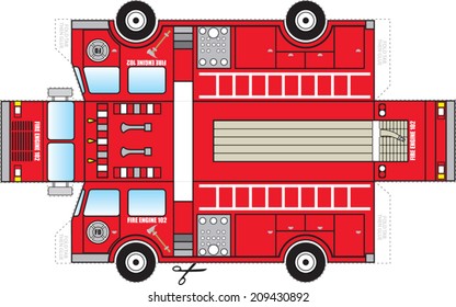 Fire Truck Cutout. This is a fire truck that can be cut out and glued/taped to become a three dimensional object toy for kids. 