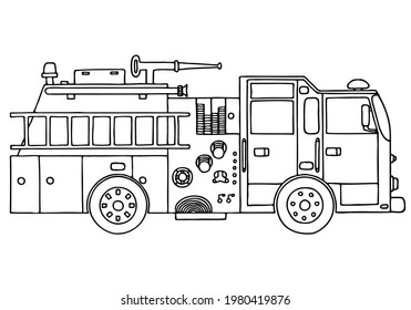 Fire truck in doodle style. Coloring for children. Hand Drawn.