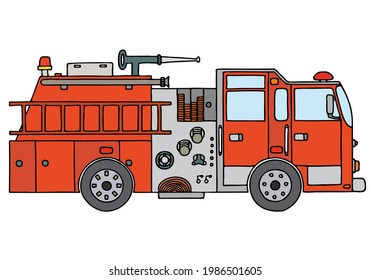 Fire truck in doodle style. Hand Drawn.