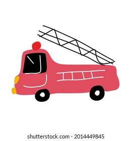 A fire truck drawn for children in the style of a doodle. Isolated element on a white background
