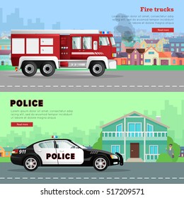 Fire truck driving on way to burning houses on background. Red six-wheeled transport in city on road. Police car near bank and robber with bag of money hiding behind tree on green background. Vector