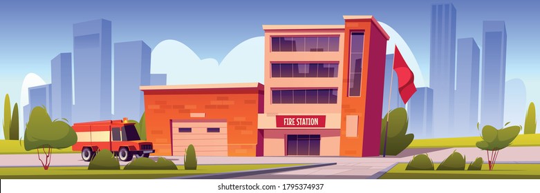 Fire truck driving to station building with garage box and red flag. Municipal city service, emergency department with hangar front view, car at firehouse with close doors Cartoon vector illustration