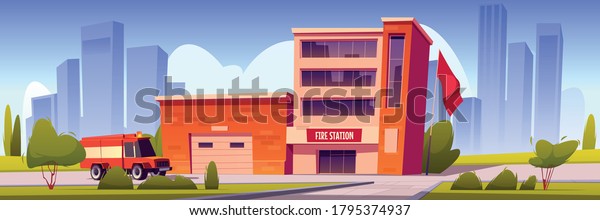 Fire truck driving to station building with\
garage box and red flag. Municipal city service, emergency\
department with hangar front view, car at firehouse with close\
doors Cartoon vector\
illustration