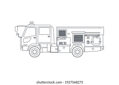 Fire Truck Emergency Vehicle in Line. Modern Flat Style Vector Illustration. Social Media Template.