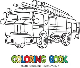 Fire truck or fire engine with eyes Coloring book