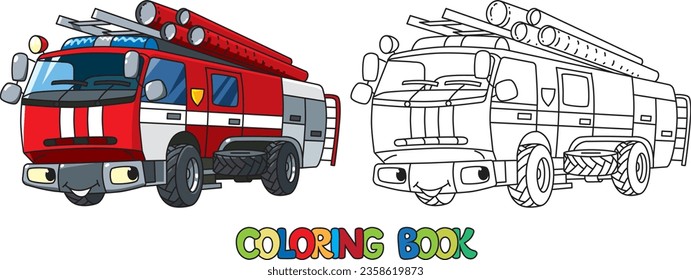 Fire truck or fire engine with eyes Coloring book