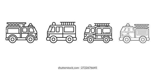 Conjunto de iconos de arte de línea de camiones de bomberos y motores de bomberos que ilustra vehículos de respuesta de emergencia con escaleras para servicios de seguridad y protección de bomberos.