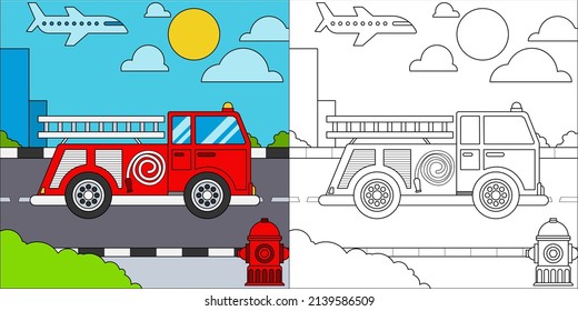 Fire truck or fire engine suitable for children's coloring page vector illustration