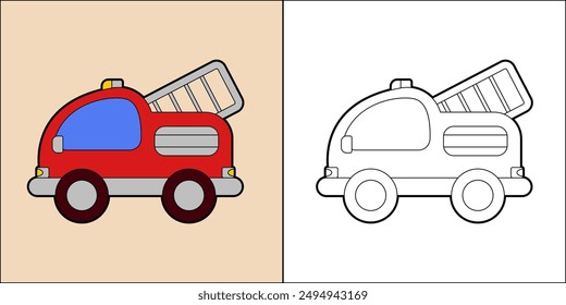 Camión de bomberos o motor de bomberos adecuado para la Ilustración vectorial de página para colorear de los niños