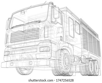 Fire truck. Fire Engine Vector illustration. Wire-frame line isolated. Vector rendering of 3d.