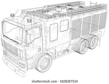 Fire truck. Fire Engine Vector illustration. Wire-frame line isolated. Vector rendering of 3d.
