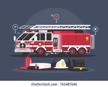 Fire truck and equipment for fire extinguishing. Vector flat illustration