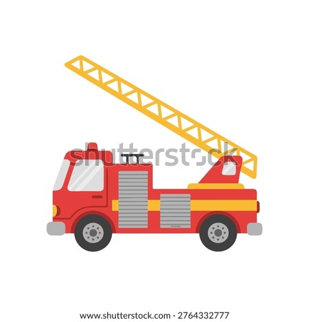 Fire Truck with Extension Ladder, Cute Kawaii Fire Engine Side View Flat Vector Illustration