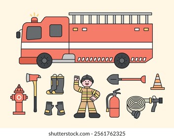 Fire truck and firefighter characters. A collection of various fire station equipment. Cuttiny character with outline.