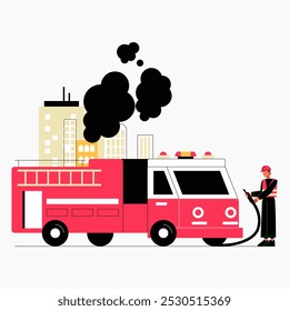 Fire truck with firefighter in flat vector illustration symbolizing firefighting, rescue, and emergency response, isolated on white background.