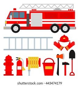 fire truck and firefighting equipment set in flat style isolated on white background