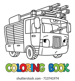 Fire truck or firemachine with eyes Coloring book