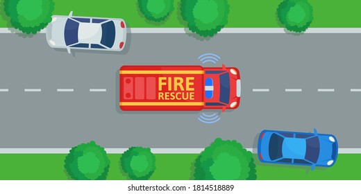 A fire truck with flashing lights hurries to the scene. Passenger cars let the fire engine pass. Top view. Vector illustration, flat design, cartoon style.