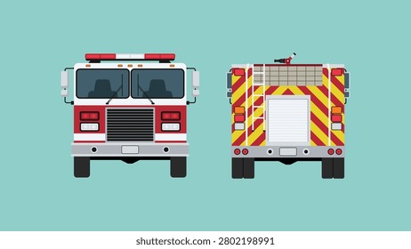 Fire truck front and rear view with pumper engine design for firefighting, emergency response, and rescue operation, vector flat illustration