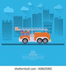 The fire truck going on the way to a city background. Concept of fire safety. Service 911. Help in emergency situations. A vector illustration in flat style.