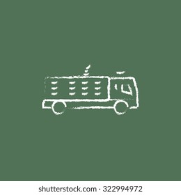 Fire truck hand drawn in chalk on a blackboard vector white icon isolated on a green background.