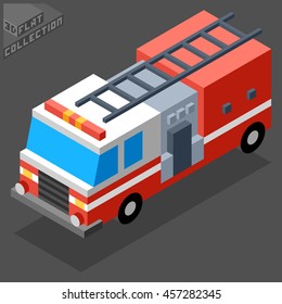 Fire Truck Icon. 3D Isometric Low Poly Flat Design. Vector illustration.