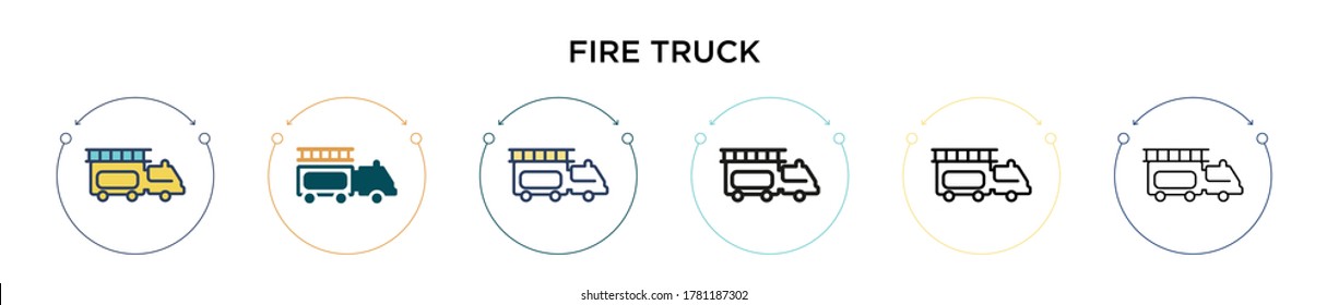 Fire truck icon in filled, thin line, outline and stroke style. Vector illustration of two colored and black fire truck vector icons designs can be used for mobile, ui, web