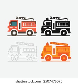 Fire truck icon on white background in flat editable vector, Coloring Page Outline Of cartoon fire truck. Professional transport, Coloring Book for kids