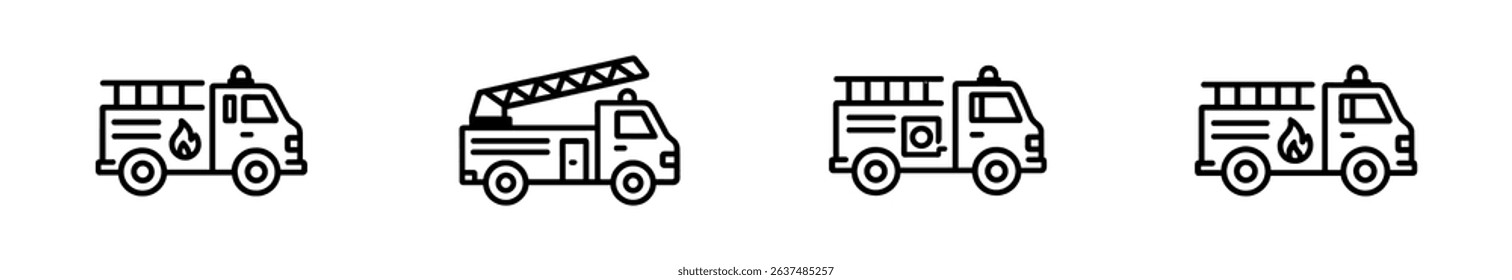 Fire truck icon set. emergency vehicles, firefighting trucks outline style collection