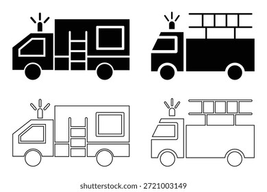 Icono de camión de bomberos en varios estilos de diseño. Camión de bomberos negro con silueta de escalera e icono de línea. Ilustración plana de Vector de icono de silueta sobre fondo blanco. Ilustración vectorial.