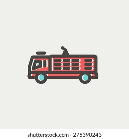 Fire truck icon thin line for web and mobile, modern minimalistic flat design. Vector icon with dark grey outline and offset colour on light grey background.