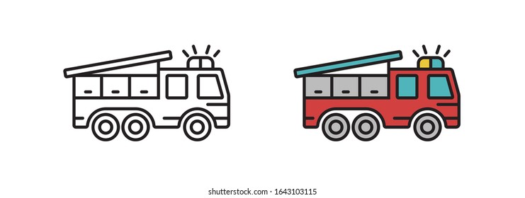 Fire truck icon in the vector. Transport symbol in a modern flat style. The sign is linear, isolated on a white background.