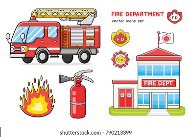 Fire truck isolated, firefighter department station building icon, extinguisher and flame icons.