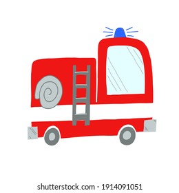 Fire truck isolated on white background. Vector illustration for children's manuals.