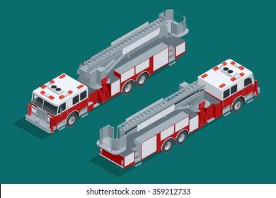 Fire truck isolated. Fire suppression and victim assistance. Flat 3d isometric high quality city transport icon.