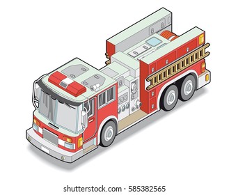 Fire truck in a isometric perspective view. Emergency vehicle, modern, red, with three wheels axles, well equipped, drawn with flat colors. Archive with several editable layers.
