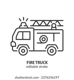 Fire truck line icon. Fire engine outline symbol. Firefighting transport. Vector illustration. Editable stroke.