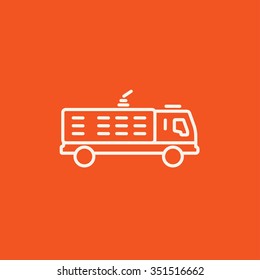 Fire truck line icon for web, mobile and infographics. Vector white icon isolated on red background.
