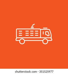 Fire truck line icon for web, mobile and infographics. Vector white icon isolated on red background.